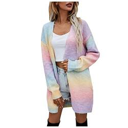 Lomelomme Lang Strickjacke Damen Regenbogen Cardigan: Übergröße Tie-Dye Long Offene Knöpfen Grobstrickjacke Cardigan Taschen Strickgewirk Pullover Mantel von Lomelomme