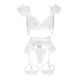 Lomelomme Sexy Dessous-Set für Damen Modisch Einfarbig Kleid Mit Federn Abnehmbarer Spitze Metallkette Gecelik SETI Sexy Corsage Schlafanzug Ouvert Reizwäsche BH Set von Lomelomme