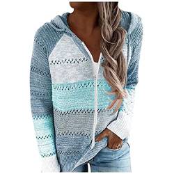 Lomelomme Strickpullover Damen Strickjacken Hoodie Sweatshirt Jacke mit Kapuze und Reißverschluss Casual Langarm Kapuzenpullover für Zip Hoodied Pullover Herbst Winter Sweatjacke, A - Himmelblau, XL von Lomelomme