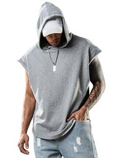 Herren Kapuzenpullover Sweatshirt Ärmellos Kapuzenpulli Kapuze Hoodie Sport Style Casual Fitness Training Basic Grau XL von Lomon