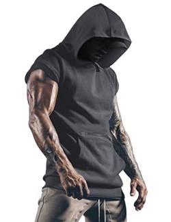 Herren Tank Top Ärmelloser Kapuzenpullover Sport Pullover Fitness Hoodie Muskelshirt für Gym Training Bodybuilding Shirt Tanktop Mit Kapuze Dunkelgrau XL von Lomon