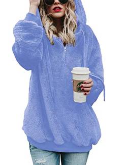 Lomon Damen Hoodie Winter Herbst Casual Kapuzenpullover Teddy-Fleece Plüsch Sweatshirt Warm Flauschig Kapuzenpulli Reißverschluss(Himmelblau,S) von Lomon