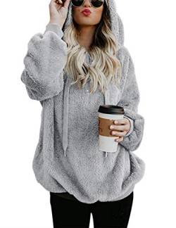 Lomon Fleecemantel Damen Herbst Winter Kapuzenpullover Hoodie Langarm Sweatshirt Winter Teddy-Fleece Pullover Sweatshirt(Hellgrau,XXL) von Lomon