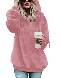 Lomon Fleecepullover Damen Hoodie Teddy Fleece Pullover Winter Herbst Casual Kapuzenpullover Teddyjacke Damen(Rosa,L) von Lomon