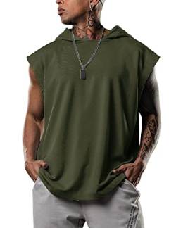 Tank Top Herren Hoodie Basic T-Shirt Tankshirt Mit Kapuze Ärmellos Casual Muskelshirt Workout Fitness Unterhemden Armeegrün XXL von Lomon