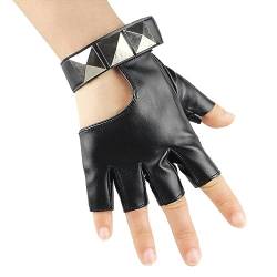 Long Keeper Lederhandschuhe Fingerlose für Damen Ungefüttert Halbfinger Handschuhe Leder Schwarz Punk Hip Hop Costume für Fahren Cosplay Tanz, One Size von Long Keeper