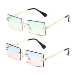 Long Keeper Sonnenbrille Damen Vintage 90s Retro Rechteckig Sonnenbrille Randlos Für Damen Herren Mit Uv Schutz (Farbverlauf Grün+Blau Rosa) von Long Keeper