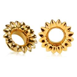 Longbeauty 1 Paar Flesh Tunnel Edelstahl Ohr Plugs Expander Gauges Blumen Ohr Piercing Schmuck für Damen Herren, Gold, 14MM von Longbeauty