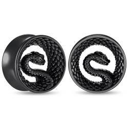 Longbeauty 1 Paar Ohr Flesh Tunnels Plugs Gauges Saddles Double Flare Schlange Edelstahl Expander Stretcher Ohrpiercing Körperschmuck, Schwarz, 12mm von Longbeauty