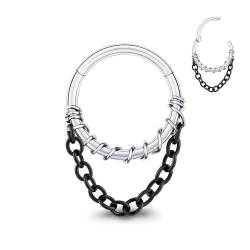 Longbeauty 16G Nasenring Hoop Daith Ohrringe mit Kette Helix Rook Conch Knorpel Tragus Silber Edelstahl Piercing Schmuck für Damen Herren, Schwarz, 10MM von Longbeauty