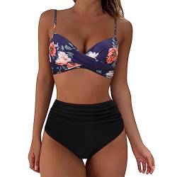 Bikini Damen Set Frauen Bikini mit Hoher Taille Badeanzug Damen Bikini Set High Waist Wickel Push Up Bikini Bauchweg Strandbikini Zweiteilige Badeanzüge Badebekleidung Swimsuit (Dark Blue #2, XL) von Longra