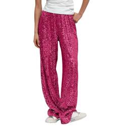 Damen Glitzer Pailletten Hosen Karneval Kostüm Damenhose Glitzer Hose Pailettenhose Weite Hose Pailletten Abendhose Cocktail Hose Party Club Kostüm Paillettenhose Glitzer Leggings (Hot Pink, M) von Longra