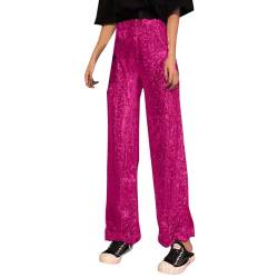 Damen Glitzer Pailletten Paillettenhose Glitzer Hose Hoher Taille Pailettenhose Weite Hose Pailletten Glänzende Paillettenhosen Breite Glitzer Gerade Bein Clubwear Glitzer Leggings (Hot Pink, L) von Longra