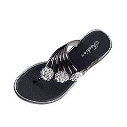 Sommer Flip Flops Damen Sandalen Blumen Flipflop Badelatschen Strandschuhe Freizeit Sommer Flache Zehentrenne Göttin Strasssteine Sandaletten Bohemian Flip Flops Pool Strand Flip-On (Black, 39) von Longra