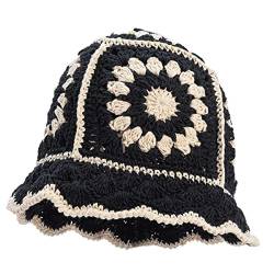 Longyangqk Frauen-Baumwollhäkelstrick-Beanie-Hut-handgemachter Ausschnitt-Eimer-Hut-Blumenschädel-Kappe-Bowler-Hüte von Longyangqk