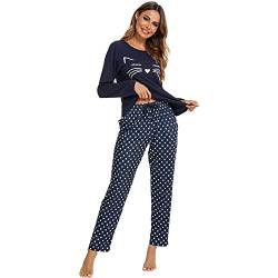 Schlafanzug Damen,Katze Cartoon Gedruckt Pyjama Damen Lang Baumwolle Bequem Stilvoll Nachtwäsche Hausanzug Mit Langarm Loungewear Polka Dot Schlafanzughose (L, blau) von Longzhuo