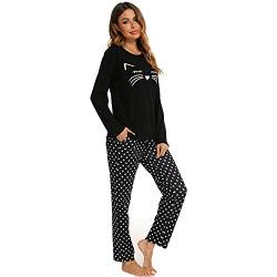 Schlafanzug Damen,Katze Cartoon Gedruckt Pyjama Damen Lang Baumwolle Bequem Stilvoll Nachtwäsche Hausanzug Mit Langarm Loungewear Polka Dot Schlafanzughose (M, schwarz) von Longzhuo