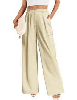 Lonya Damen Weite Hose Palazzo Hose Sommer Elegant Stoffhose Hohe Taille Anzughose Leicht Cargohose Baggy Bundfaltenhose mit Taschen, Beige, XL von Lonya