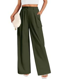 Lonya Damen Weite Hose Palazzo Hose Sommer Elegant Stoffhose Hohe Taille Anzughose Leicht Cargohose Baggy Bundfaltenhose mit Taschen, Grün, S von Lonya