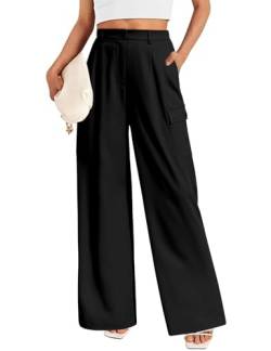 Lonya Damen Weite Hose Palazzo Hose Sommer Elegant Stoffhose Hohe Taille Anzughose Leicht Cargohose Baggy Bundfaltenhose mit Taschen, Schwarz, XL von Lonya