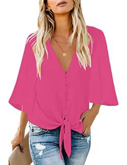 LookbookStore Damen Cold Shoulder Loose Shirt Tops 3/4 Glocke Mesh Ärmel Bluse, Knallpink (Hot Pink), X-Groß von LookbookStore