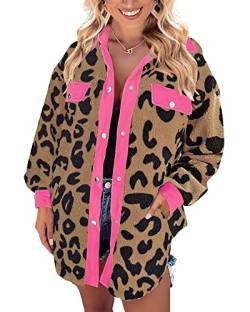 LookbookStore Damen Shacket Jacke Oversized Fleece Sherpa Wintermäntel Kunstfell Leopard Cardigan, Latte Leopard & Hot Pink, M von LookbookStore