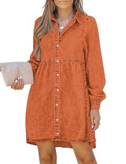 LookbookStore Langärmeliges Denim-Kleid für Damen, Jeans-Kleid, Button-Down-Freizeit-Babydoll-Denim-Hemdkleid, burnt orange, Mittel von LookbookStore