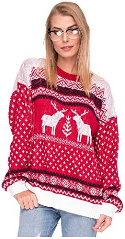 Damen Sweater Sweatshirt Pullover Merry Christmas Rentier Weihnachten Pulli Elf (OneSize, Rentiere Rot) von Loomiloo