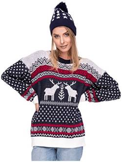 Damen Sweater Sweatshirt Pullover Merry Christmas Rentier Weihnachten Pulli Elf (OneSize, Rentiere Schwarz) von Loomiloo