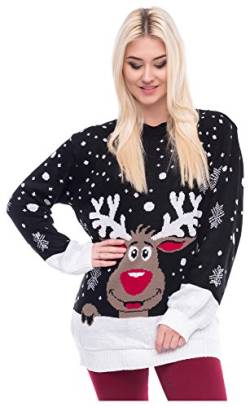 Loomiloo Christmas Sweater Damen Weihnachtspullover Weihnachten Pulli Xmas REH Bambi Rudolph Rentier mit roter Puschelnase (M/L, Rentier Schwarz) von Loomiloo