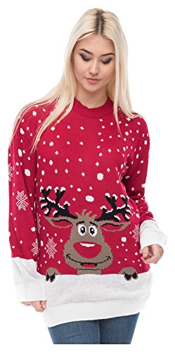 Loomiloo Christmas Sweater Damen Weihnachtspullover Weihnachten Pulli Xmas REH Bambi Rudolph Rentier mit roter Puschelnase (S/M, Rentier Rot) von Loomiloo
