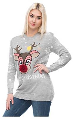 Loomiloo Christmas Sweater Damen Weihnachtspullover Weihnachten Pulli Xmas REH Bambi mit roter Puschelnase Hellgrau XL von Loomiloo