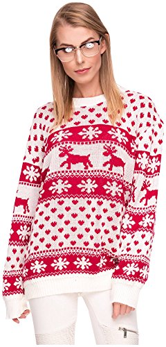 Loomiloo Damen Sweater Sweatshirt Pullover Merry Christmas Rentier Weihnachten Pulli (OneSize, Rentier Weiß) von Loomiloo