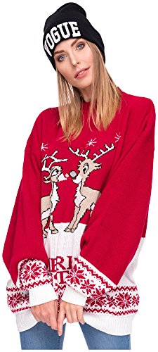 Loomiloo Damen Sweater Sweatshirt Pullover Merry Christmas Rentier Weihnachten Pulli Langarm, Rot von Loomiloo