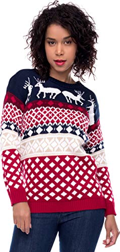 Loomiloo Weihnachten Christmas Sweater Pullover Pulli Damen Weihnachtspullover Xmas Einhorn REH Bambi Rudolph Rentier rote Puschelnase (XL, Norweger blau) von Loomiloo