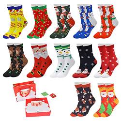 Loozykit 12 Paar Unisex Weihnachtssocken Christmas Socks Weihnachtsmotiv Weihnachten Festliche Herbst Winter Lustigem Muster Warme Baumwolle Socken für Damen und Herren (Mehrfarbig 1) von Loozykit