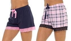 2er-Pack Lounge-Shorts, für Damen und Mädchen, luxuriöser Spitzenbesatz, Jersey, Baumwolle, kurze Pyjamahose, Pink/Marineblau, S von Lora Dora