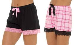 2er-Pack Lounge-Shorts, für Damen und Mädchen, luxuriöser Spitzenbesatz, Jersey, Baumwolle, kurze Pyjamahose, rosa / schwarz, L von Lora Dora