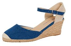 Damen Riemen-Peeptoe-Keilabsatz-Sandalen, Damen Sommer-Schuhe, Denim-Blau, 37 EU von Lora Dora