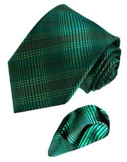Lorenzo Cana - Marken 2 er Set aus 100% Seide - Fein gestreifte Karo Krawatte mit Einstecktuch Petrol Tuerkis Gruen - 8453601 von Lorenzo Cana