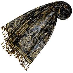 Lorenzo Cana Marken Damenpashmina Schal Schaltuch Stola Umschlagtuch Naturfaser opulentes Muster in harmonischen Schwarz Blau Gold Farben mit Fransen 70 cm x 200 cm - 78438 von Lorenzo Cana