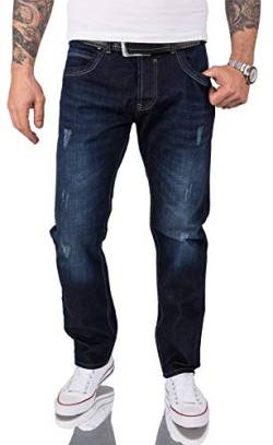 Lorenzo Loren Herren Jeanshose Dunkelblau Herren Jeans Used-Look Straight-Cut [RC-2066 - Blau - W31 L32] von Lorenzo Loren