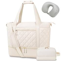 Weekender Bag für Damen, 3-teiliges Set, erweiterbare Reisetasche mit Kulturbeutel, Handgepäcktasche, Übernachtungstasche., Größe L, Beige, Reise-Wochenendtasche von Lororado