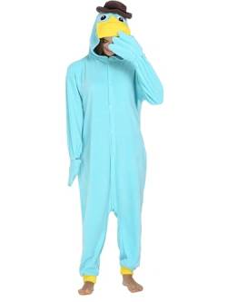 LorranTree Schnabeltier Kostüm Onesie Perry Platypus Tier Kostuem Damen Herren Schlafanzug Weihnachten Karneval Einteiler YZS-Blue-M von LorranTree