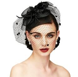 Losuya Fascinator-Hut mit Schleife, Federn, Schleier, Netz-Stirnband, Hut für Damen, Dekorationen (schwarz) von Losuya