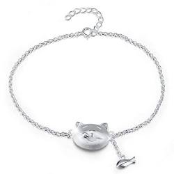 Lotus Fun S925 Sterling Silber Armband Schöne gierige Katze und Fische verstellbare Armbänder mit Kettenlänge 16CM- 19CM für Frauen und Mädchen, Handgemachter Einzigartiger Schmuck von Lotus Fun
