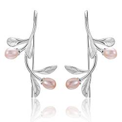Lotus Fun S925 Sterling Silber Ohrringe Wassertropfen aus den Olivenblättern Tropfen Ohrringe für Frauen und Mädchen, Kreativ Natürlicher Perle Handgemachter Einzigartiger Schmuck (Silver Pink Pearl) von Lotus Fun