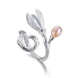 Lotus Fun S925 Sterling Silber Ring Magnolie Blume Ringe Natürliche Perle Handgemachter Einzigartiger Schmuck für Frauen und Mädchen (Pink) von Lotus Fun