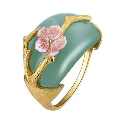 Lotus Fun S925 Sterling Silber Ring Pflaumeblume Ring Natürlicher Aventurin Handgemachter Einzigartiger Schmuck für Frauen und Mädchen (Gold Green) von Lotus Fun