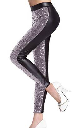 Lotus Instyle Frau Kunstleder mit Pailletten Leggings Leder Strumpfhosen Mode Hosen (XXL, Silber) von Lotus Instyle